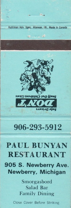 Paul Bunyan Restaurant - Matchbook With Address